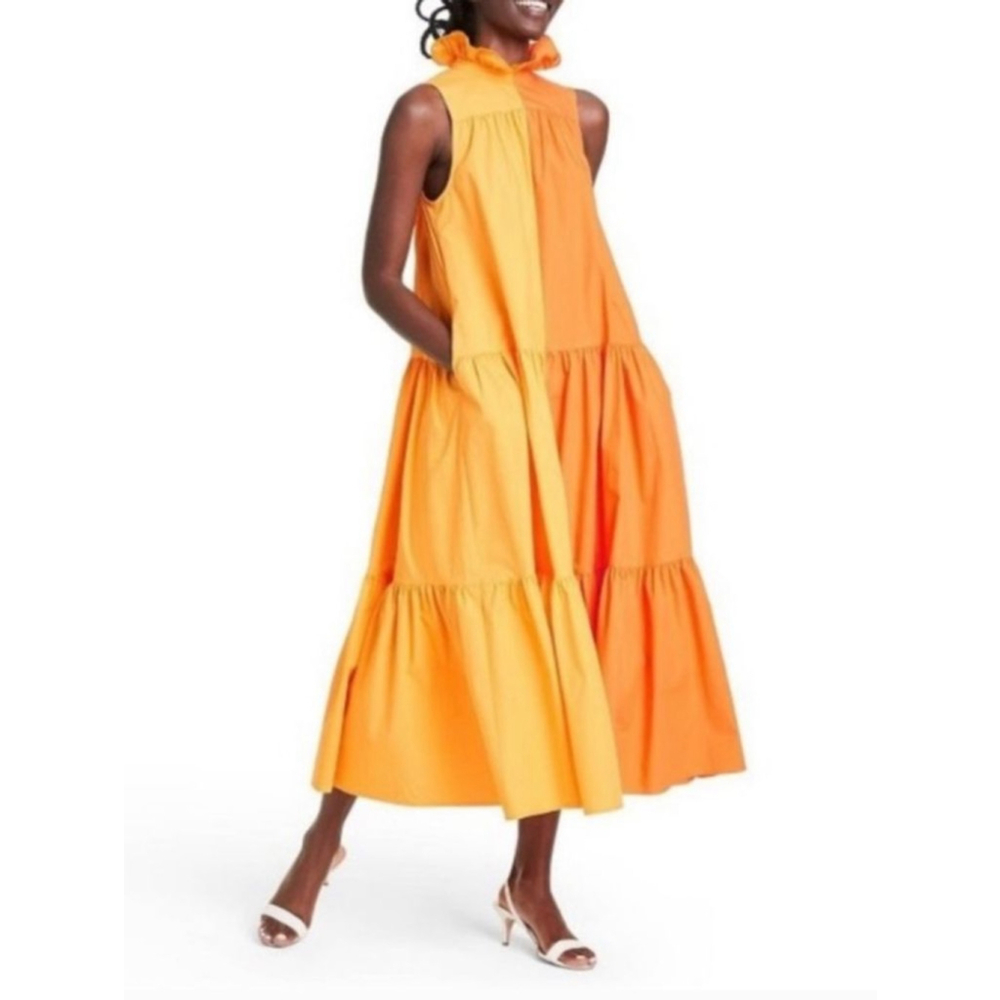 Tiered Ruffle-Neck Midi Dress in Bright Orange